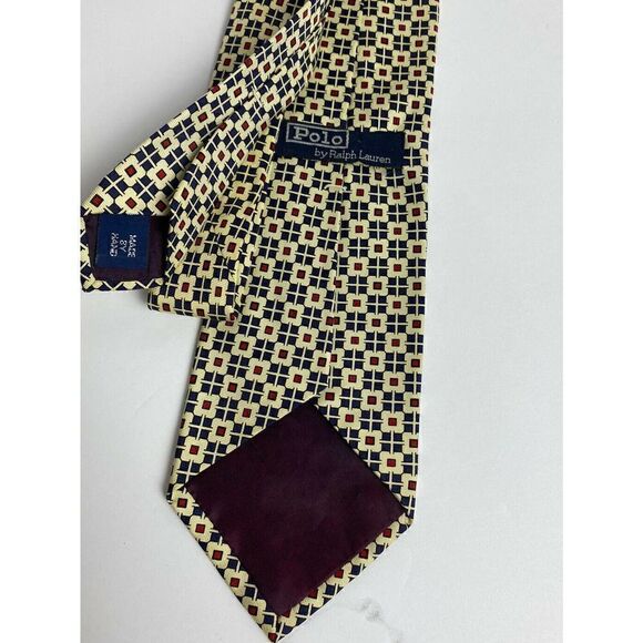 Polo Ralph Lauren Tie Yellow Blue Check Boxes Geometric 100% Silk Logo Classic - Picture 2 of 10